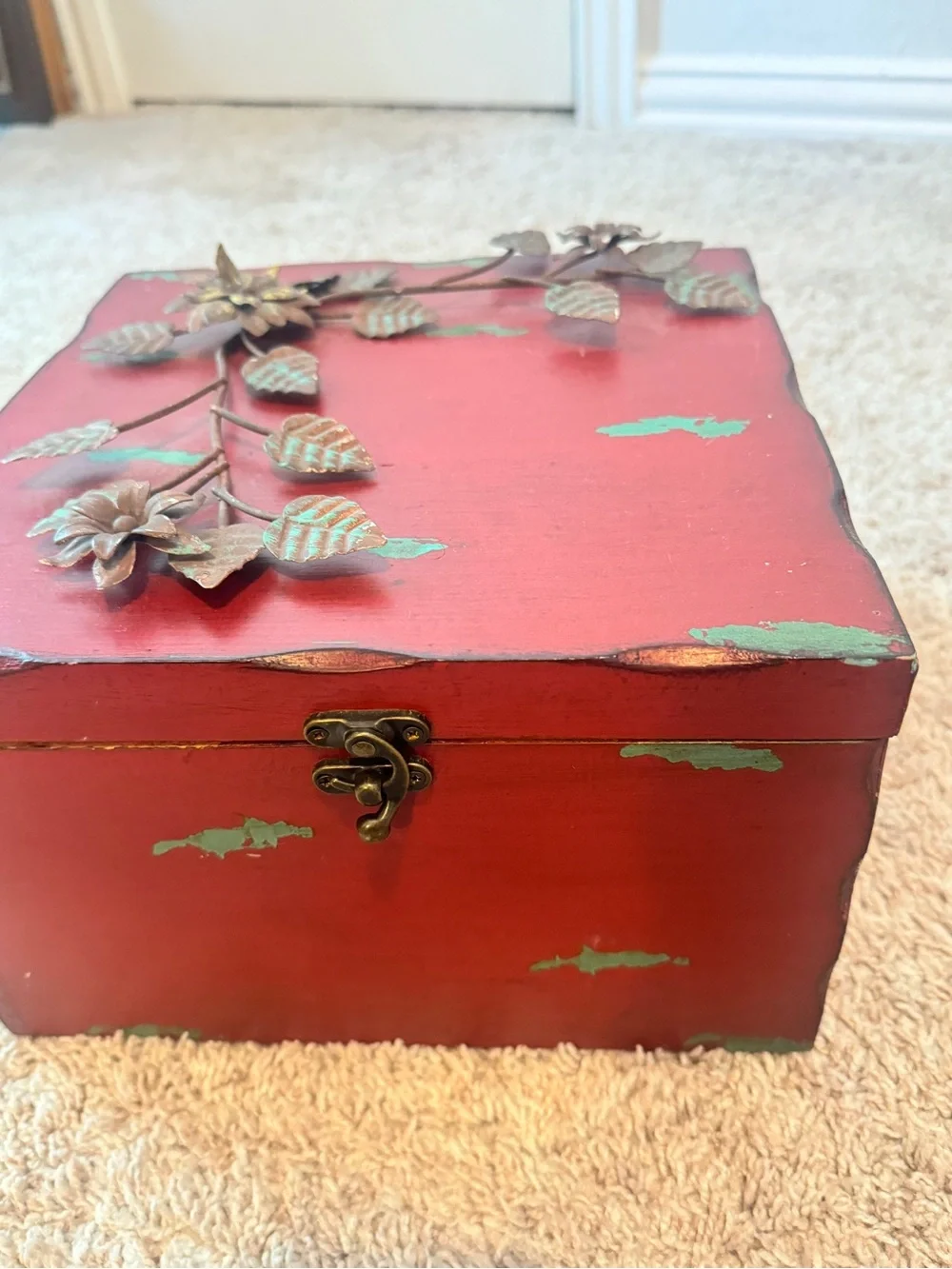 Vintage-Style Red Decorative Jewelry Box with Floral Metal Accent
